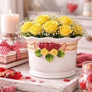 Vintage Ceramic Planter with Heart and Rose Design